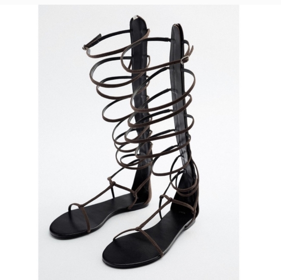 ZARA TALL FLAT LEATHER GLADIATOR SANDALS - Picture 1 of 8